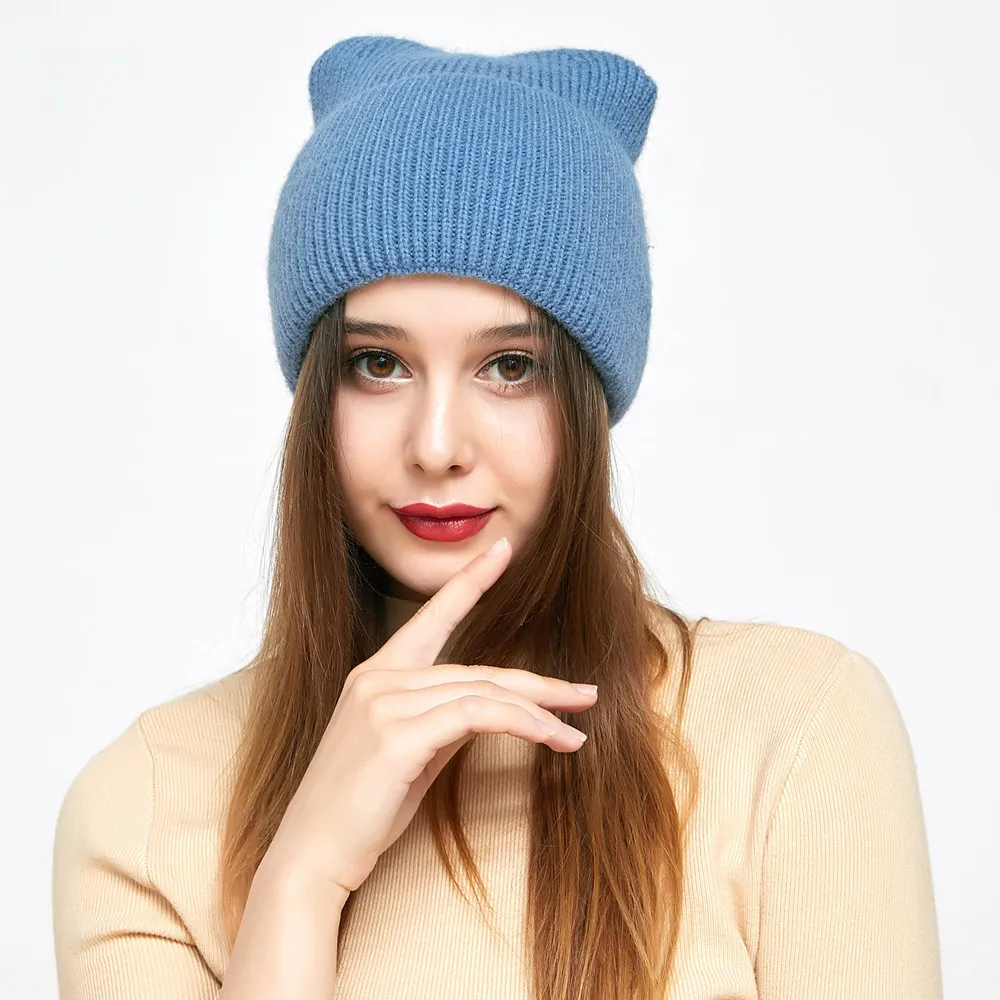 

Women's Hat Winter Beanie Velvet Thick Warm Cartoon Cat Ear Protection Knitted Cap Hats For Girls Women Bonnet Femme