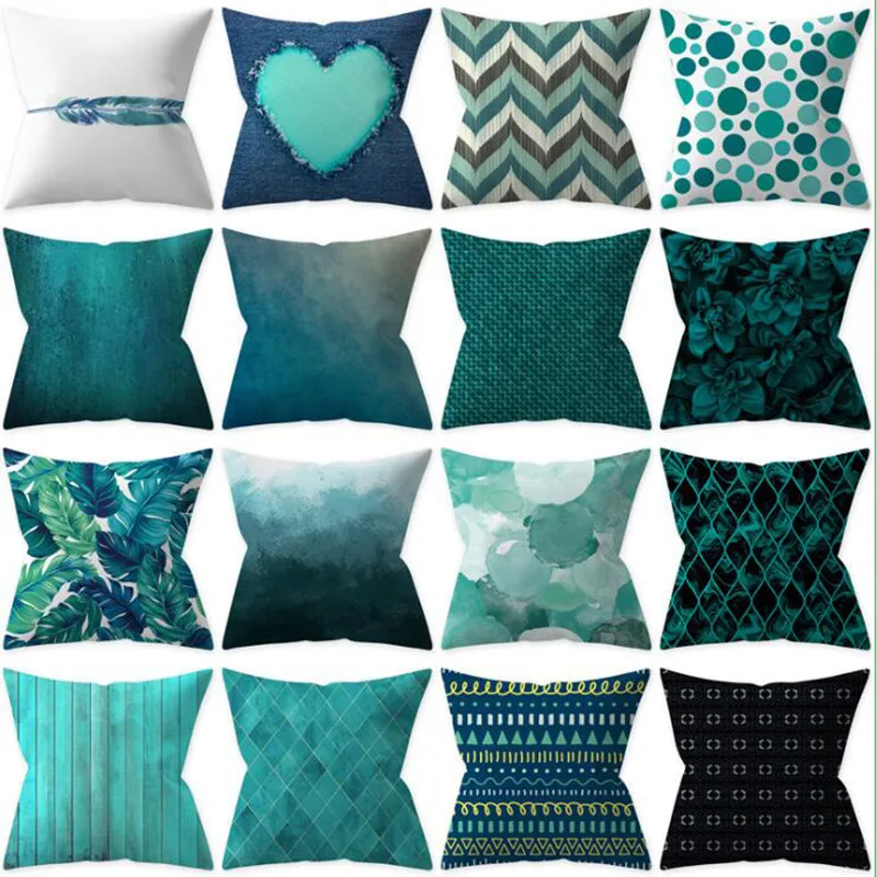 45*45cm Teal Blue Cushion Cover Polyester Peachskin Geometric Pillow Case Decorative Pillows Living Rome Throw Pillowcase | Дом и сад