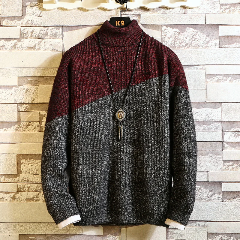 Мужской пуловер с высоким воротом, свитера, мужской зимний толстый теплый свитер, высокое качество, лоскутные мужские трикотажные пуловеры
