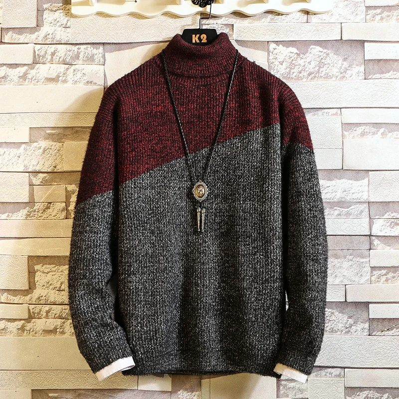 

2019 New Men's Turtleneck Pullover Sweaters Male Winter Thick Warm Sweater High Quality Patchwork Mens Knitted Pullovers
