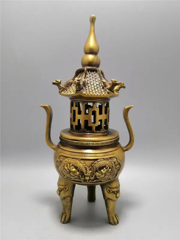 Details about   Chinese Antique Collection Brass Pagoda Double Dragon Incense Burner Collection 