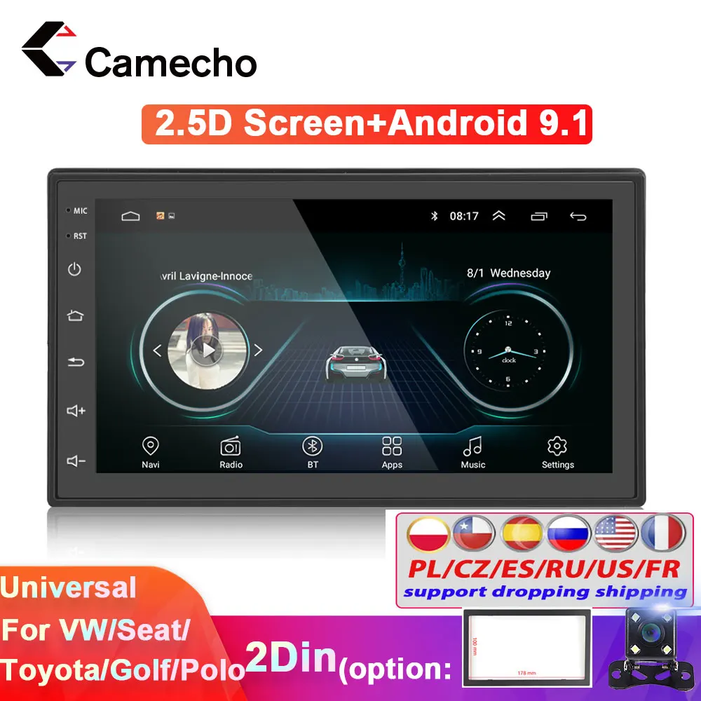 Camecho Android Double Din Car Stereo with 7 HD Touch Screen Head Unit GPS FM Bluetooth USB Radio Support iOS/Android Phones Mirror Link 12 LEDs Backup Camera 1G 