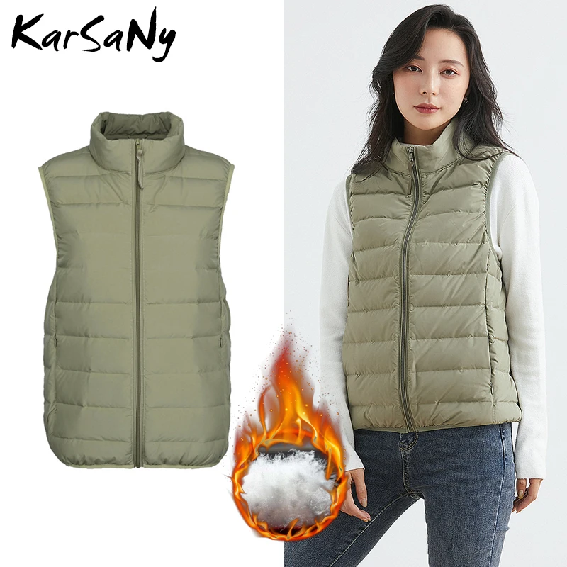 Chaleco Corto ultraligero de Invierno para mujer, chaleco blanco cálido de plumón de pato sin mangas para mujer, chaqueta de invierno ligera y delgada de talla grande
