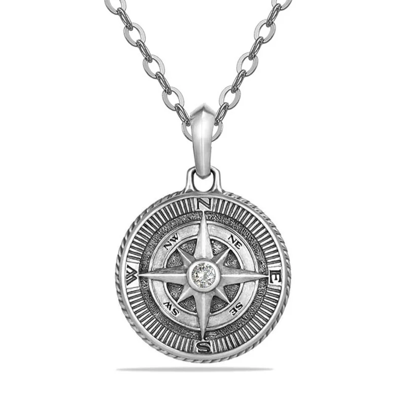 Retro Cross Compass Pendant Necklace For Women Men Vintage Puck Silver Color Octagon Star Round Necklace Chain Jewelry A864