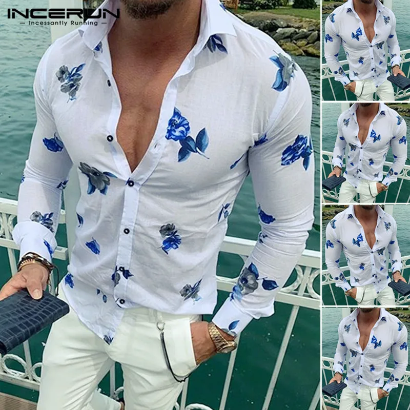 INCERUN Brand Shirt Men Simple Long Sleeve Chic Blue Rose Printed Slim Mens British Street Daily Lapel Single Breasted Blouses