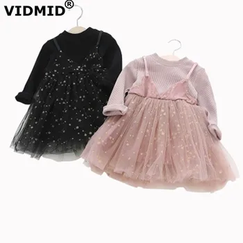 

VIDMID spring baby girls cotton Dresses for girls lace Pink Princess party Girls kids stars long sleeves children dresses 7109