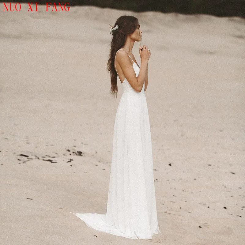Cheap Beach Sexy V Neck Open Back Wedding Dress Spaghetti Strap Boho Bridal Dresses 2020 Chiffon High Split Lace Wedding Gowns