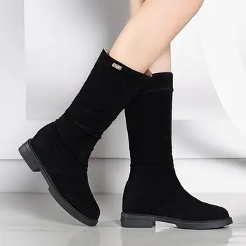 

Women Winter Fur Half Boots Flock Mid Calf Bootee Woman Black Square Heel Shoes 2019 Female Fashion Thin Leg Boots 35-40