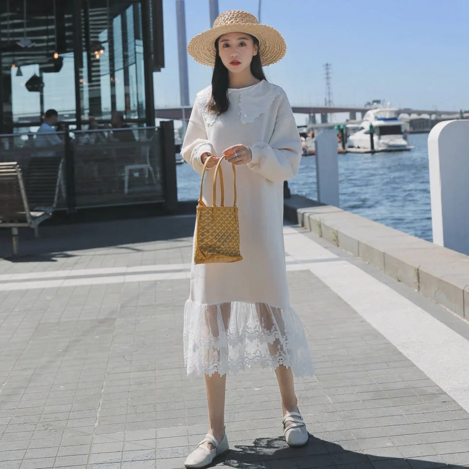 

Photo Shoot INS Very Fairy of Off-white Long Loose-Fit Lace Peter Pan Collar Gauze Lace Mock Two-Piece Dress Women's