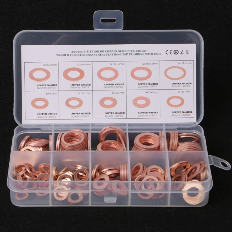 

200PCS Copper Washers Gasket Set 9 Sizes Flat Ring Seal Kit With Plastic Box 97QD