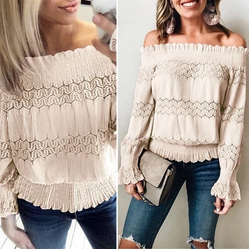 

2019 Spring Womens Blouse Solid Fashion Long Sleeve Top Sexy Plain Holiday Beach Off Shoulder Tops Blouse Elegant Lace Clothes