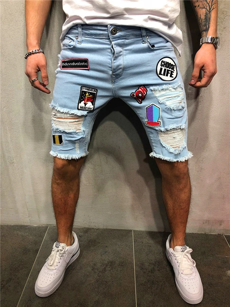 Men Stretchy Ripped Skinny Biker Embroidery Print Jeans 2021 New Style Destroyed Hole Taped Slim Fit High Quality Denim Shorts maamgic sweat shorts