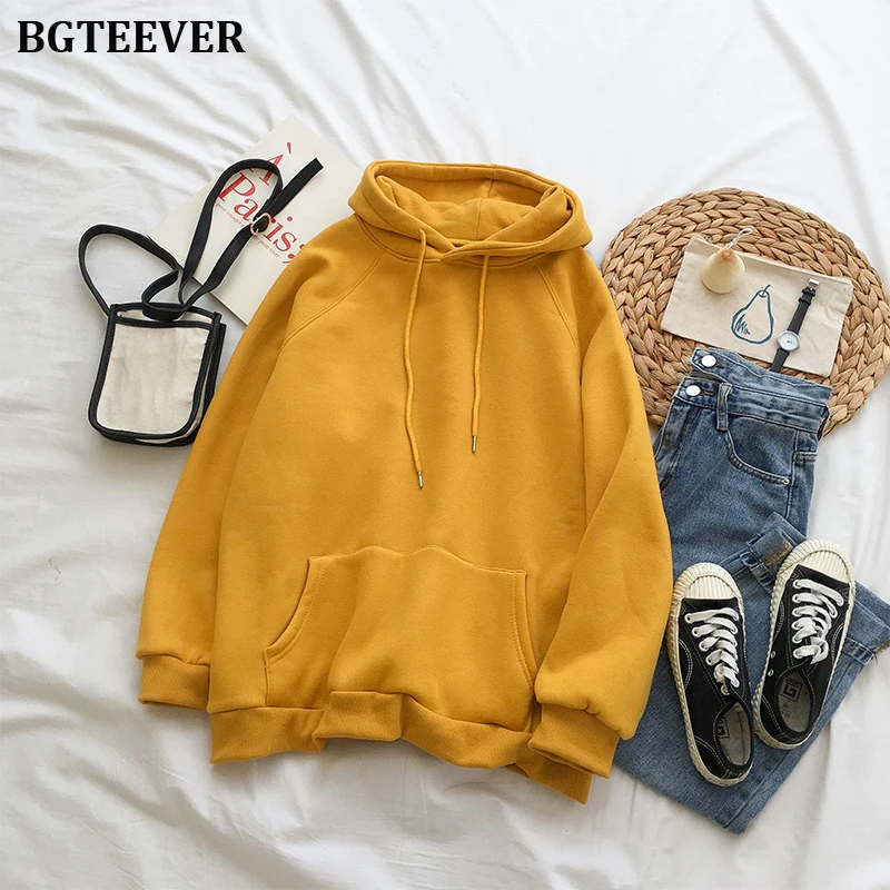 yellow BGTEEVER осенне-зимняя Толстовка Женские флисовые толстовки свободные утепленные пуловеры Толстовка Повседневная Женская Теплая Куртка Harajuku - Цвет: yellow