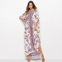 New Printed Bohemian Women Maxi Dress Batwing Sleeve Holiday Beach Wear Fashion Muslim Abaya Dubai Arabic Moroccan Robe VKDR1767
