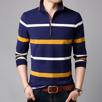 

Spring 2020 New Men's Long Sleeve T-Shirt High Quality Lapel Striped Cotton T-Shirt Korean Trendy Slim Top Casual Shirts