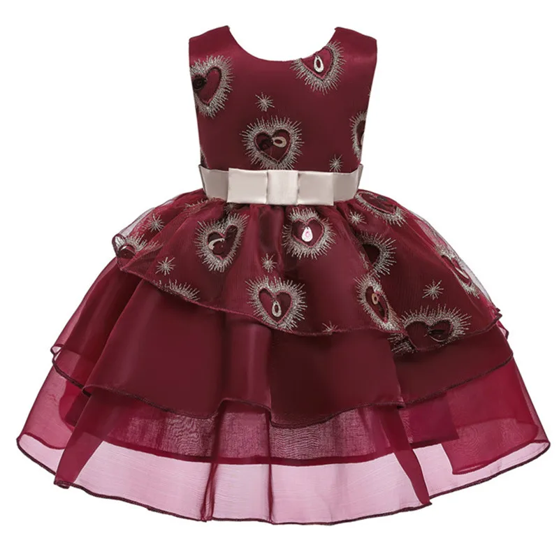 Кружевное платье-пачка принцессы с вышивкой для торжественных мероприятий, свадебных церемоний, детская одежда с цветочным узором для девочек, детская праздничная одежда для девочек - Цвет: wine red