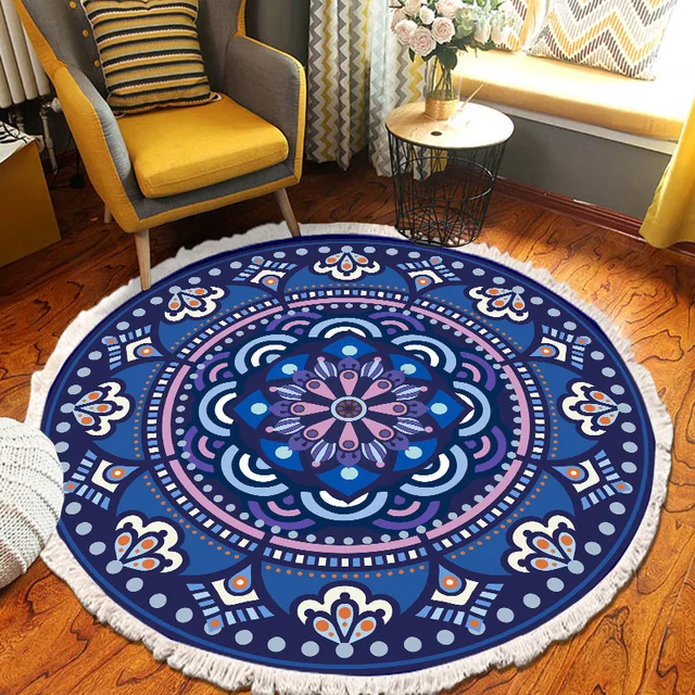 ​Home Decor Retro Bohemian Round Carpet Hand Woven Cotton Linen Carpet Rug Bedside Rug Geometric Floor Mat Living Room Carpet Q