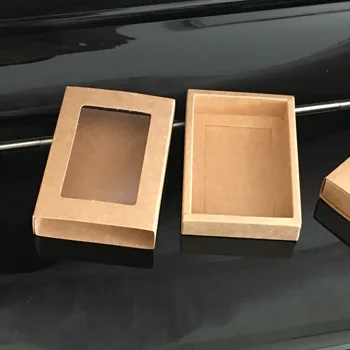 

24Pcs/lot New Type Brown Kraft Paper Boxes Drawer Box Phone Gift Craft Soap Box With PVC Windows