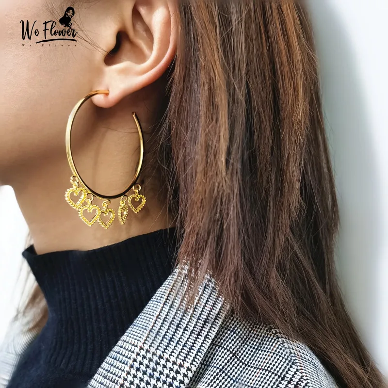 We Flower Trendy Hollow Heart Big Hoop Earrings Gold Silver Metal Women Round Fashion Exaggerated Female Ear Jewelry | Украшения и