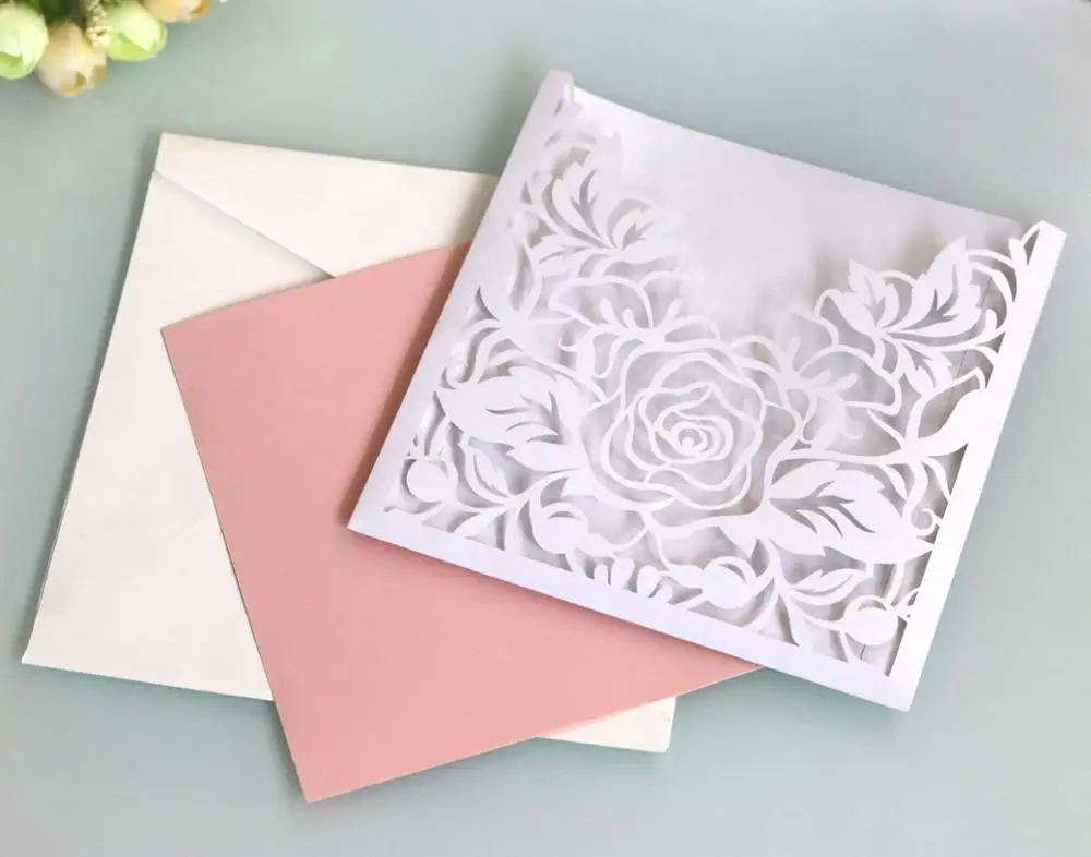  Customize 10pcs Elegant Lace Pocket Wedding Invitations Card Square Laser Cut Rose Flower Greeting  - 4.00025E+12