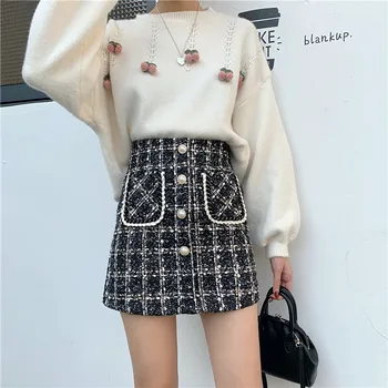 

2020 Autumn & Winter New Arrival Skirt High Waist Slim Skirt Lattice Tweed Temperament Design Sense A-line Skirt Free Shipping