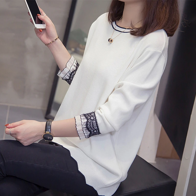 Plus Size Splice Color Wave Knitted Tops 2021 Autumn Winter Clothes Fashion Loose Lace Trim Pullovers Sweaters Oversize Jumper | Женская