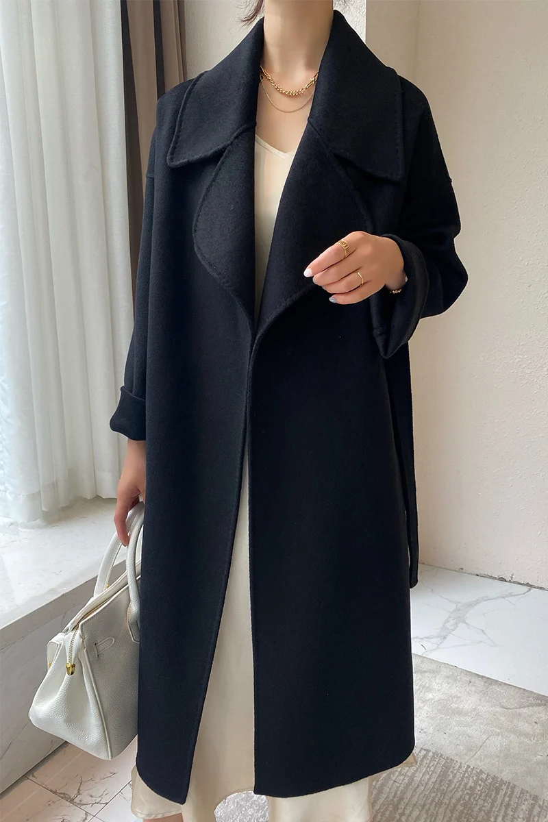 

VERY NOBLE Long Wool Coat Double Sided Woolen Cashmere Coat Women Fashion Beautiful Clothing Autumn Winter Warmth Lace Up Top