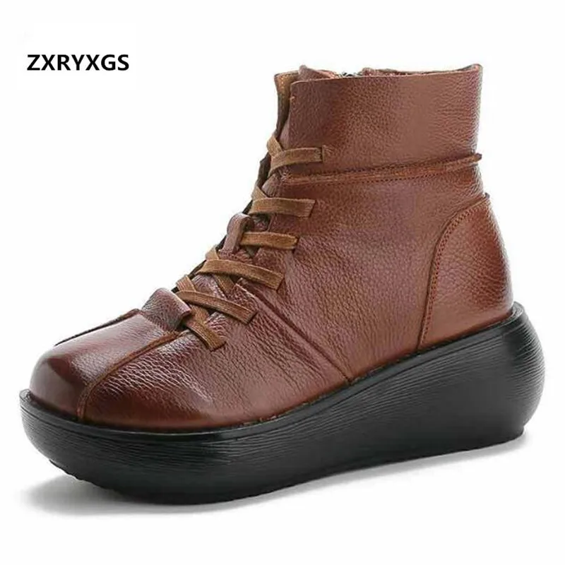 

2019 New Comfortable Retro Platform Shoes Wedges Ankle Boots Autumn and Winter Boots Genuine Leather Shoes Woman Boots