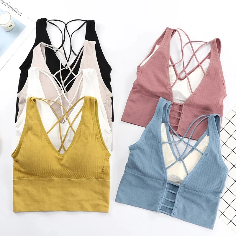 Fitness Tops Underwear Top-Padded-Bra Sports-Top Strappy Yoga Push-Up Running Athletic-Vest