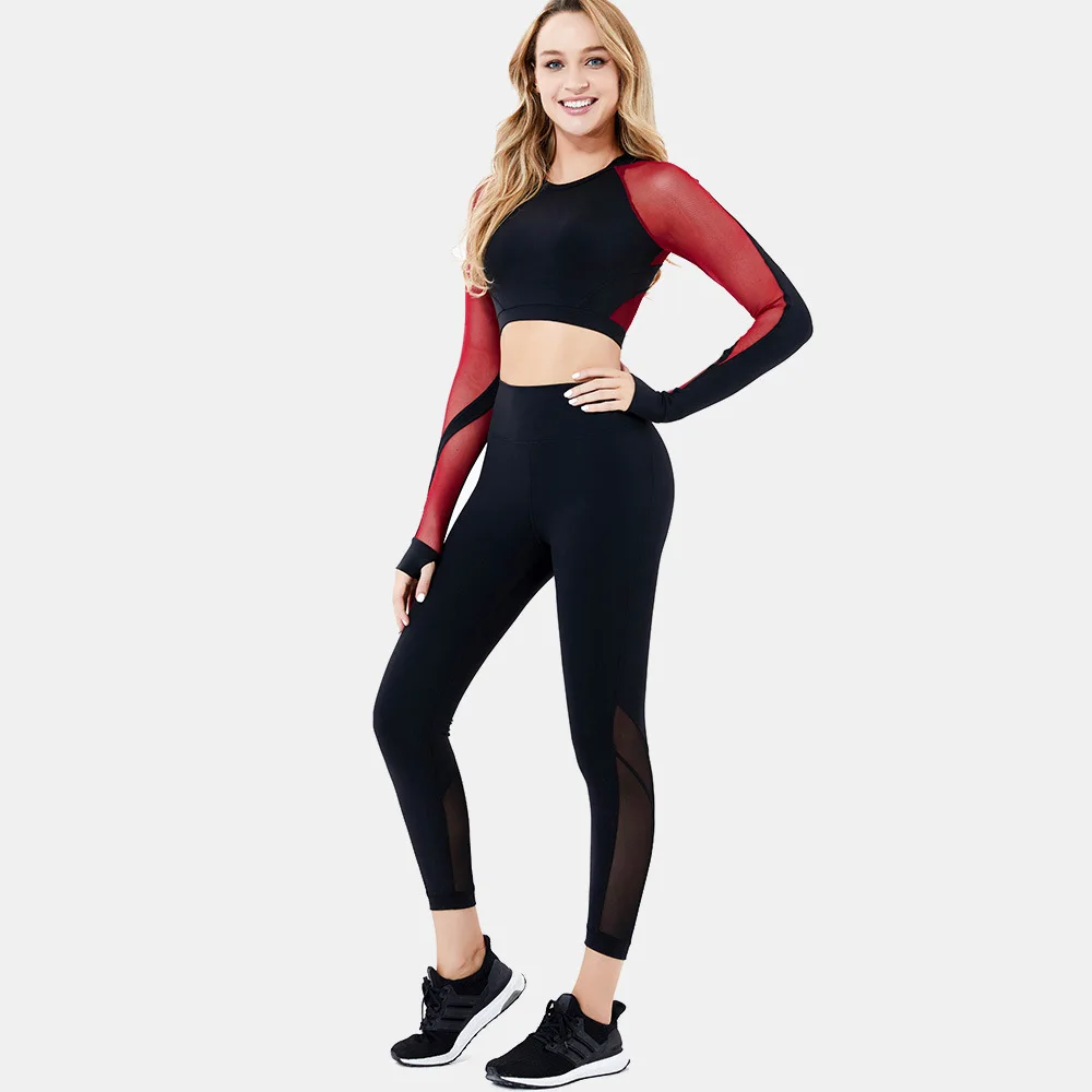 Full Autumn New Sexy Yoga Set Mesh Stitching Set Shock-Proof Gathered Long Sleeve High Waist Hip Sports Yoga 2 Piece Sport Set