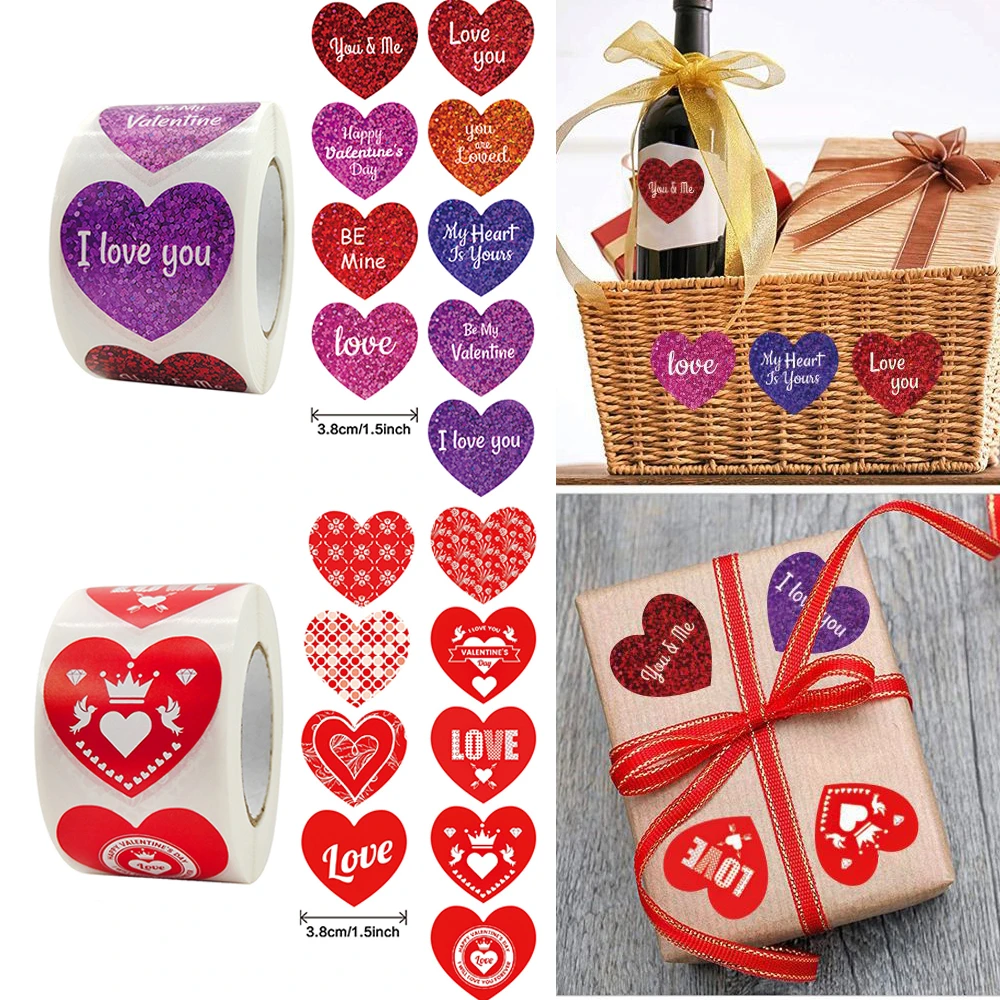 500pcs/roll Heart Shaped Stickers Valentine's Day Party Decor Gift Packing Tags