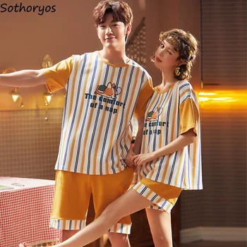 

Pajama Sets Couples Short Sleeve Pants O-neck Printed Korean Style Sleepwear Homewear Leisure Simple Trendy Loose Breathable New