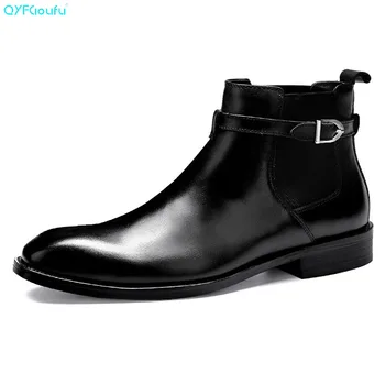 

QYFCIOUFU Luxury Designer Mens Chelsea Boots Shoe Genuine Leather Dress Boots High Quality Cow Leather Pointy Hasp Ankle Boots