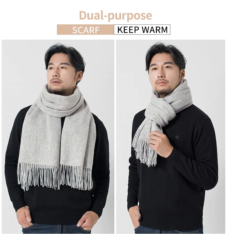 New 100% Wool Man Scarf Winter With Tassel Grey Luxury Brand Male Warm Shawl Knitted Pure Color Blanket Red Palatine Stole 2022 mens dress scarf