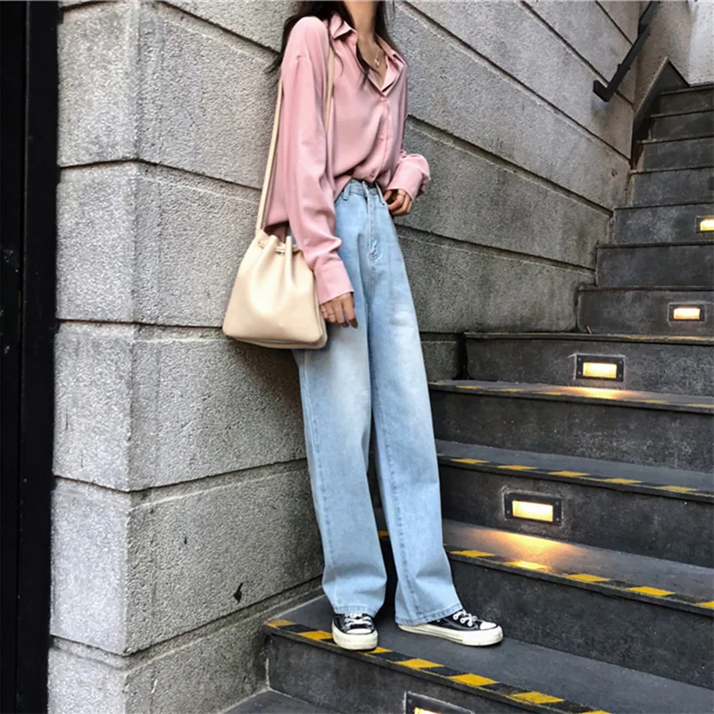 High Waist Jeans Women Leisure Loose Retro Wide Leg Female Jean Korean Style All-match Simple Full-length Trendy Chic Zipper Fly