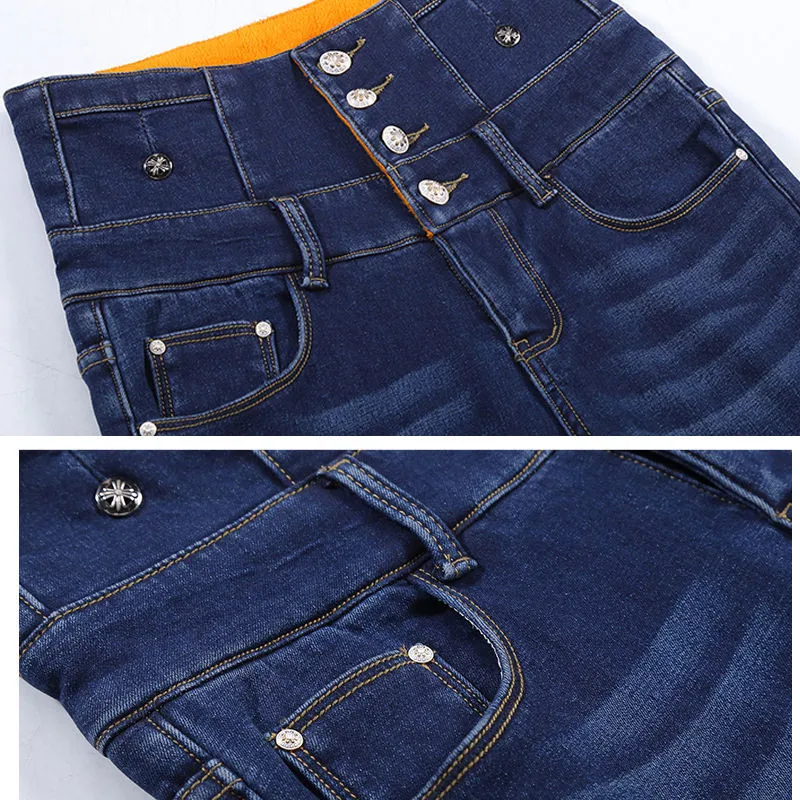 Зимние джинсы женские золотые бархатные внутри плотные джинсовые брюки с высокой талией теплые брюки женские зимние джинсы повседневные Черные Брюки-карандаш
