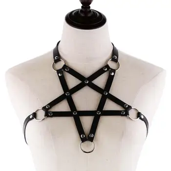 

2019 Black Belt Pu leather Pentagram Harness body chain women Bondage Goth Party bodychain Halter Festival Outfits punk Jewelry