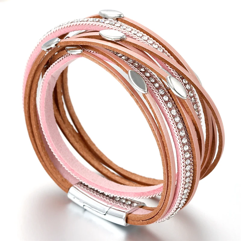Leather Bracelet Charm Bracelet ALLYES Leaf Charm Pink Leather Bracelets for Women Men Fashion Crystal Chain