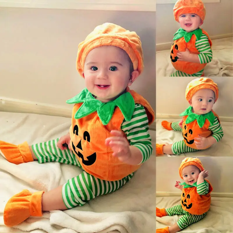 2019 Newest Hot Cosplay Halloween Baby Kid Boys Girls Pumpkin Suit Top Sleeveless Blouse Dress+Hat+Shoes Costumes 3PCS