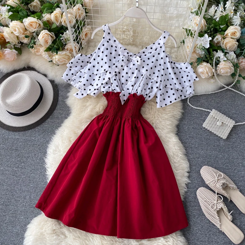 Boho Ruffles sexy Off shoulder polka dot print patchwork Summer short Dress Women slim waist dress casual a-line beach dress