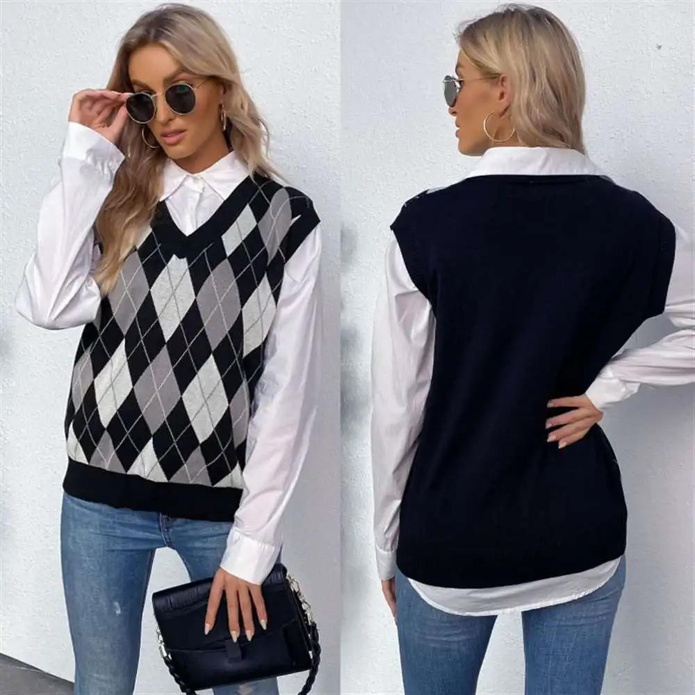 

Autumn 2021 new European and American women's Plaid V-neck warm knitted sweater Ma Jianv