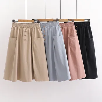 

2020 New Preppy Style Women Midi Skirts Elastic A-line Student Girls Summer Skirt Button Casual Korean Style Sweet Skirt Hot