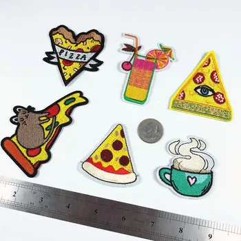 

Pizza Mouse Fast Food Patches Iron On Stickers Cartoon Tea Cup Appliques Drink Heat Badges Coat Clothes Decor Parches for Kids