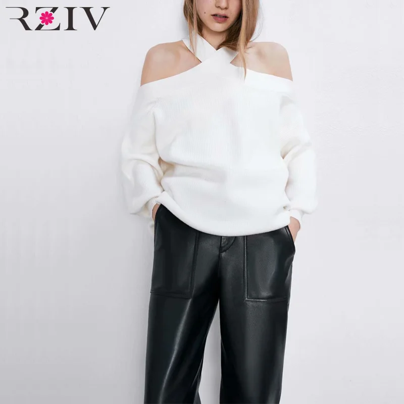

RZIV Autumn and winter women's sweater casual solid color strapless loose sweater