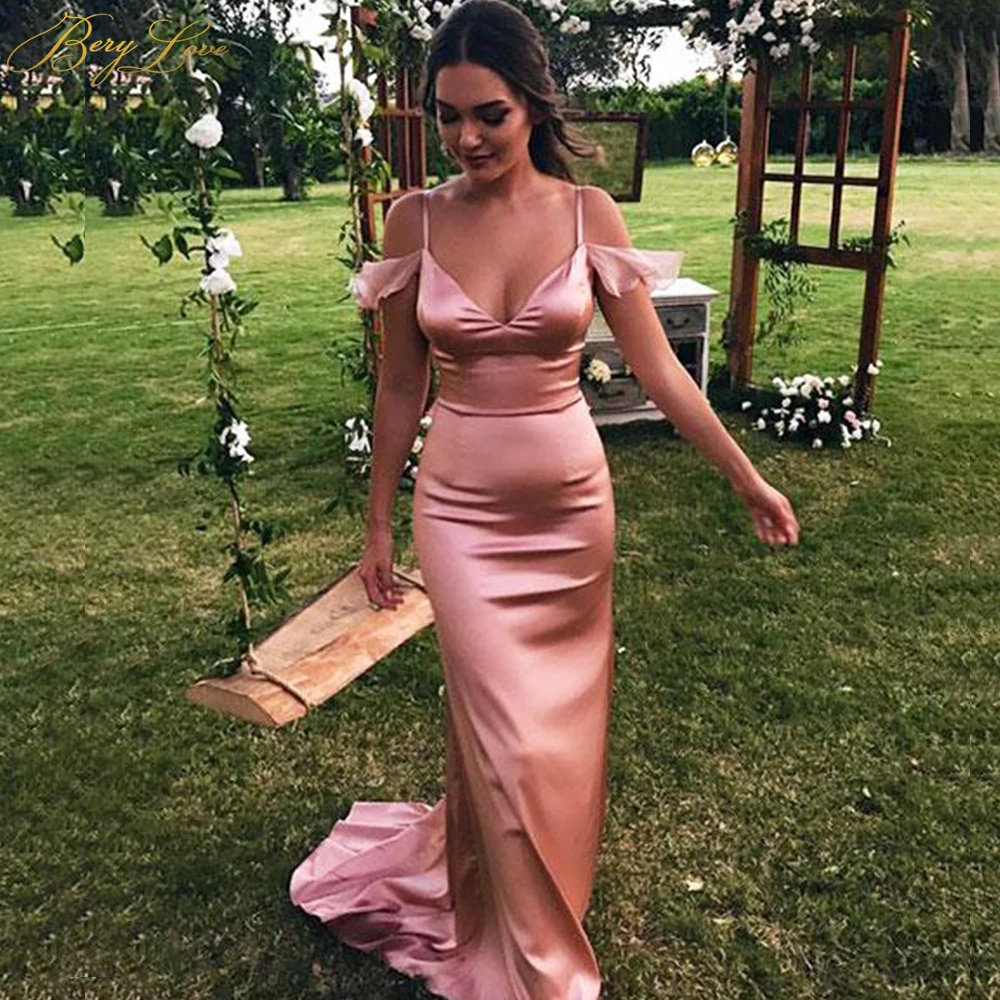 

Simple Sheath Evening Dresses 2020 Fit Satin Mermaid Champagne Evening Gown Side Sleeves Prom Dress Sexy V neckline Long Tail