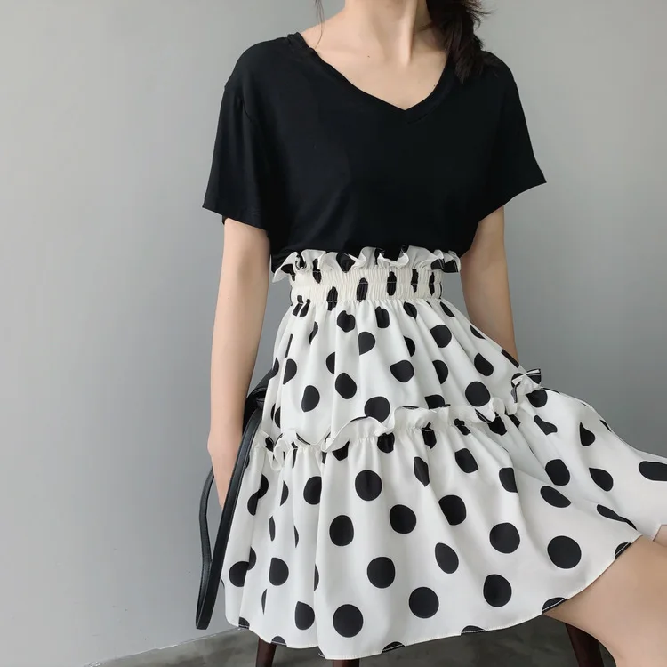 New Summer Flounces High Waist Wave Point Women's Skirt Flower Corn Ruffles A-Line Dot Mini Chiffon Skirt Female