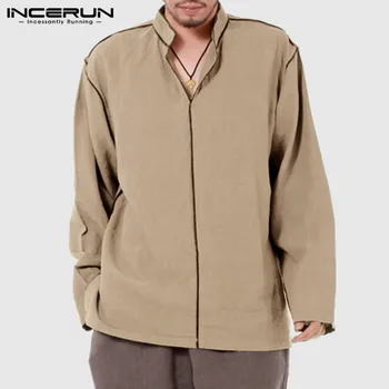 

INCERUN Chinese Style Men Vintage Shirts Cotton Long Sleeve Leisure Tops Streetwear Stand Collar Solid Camisa Casual Shirt 2020