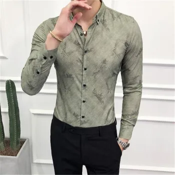

Brand Men Dress Shirt Fashion 2019 Autumn Slim Fit Stylish Print Social Shirts Mens Long Sleeve Casual Formal Wear Prom Tuxedo