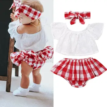 

Newborn Baby Girl Clothes Cute Off Shoulder Tops+ Rec Plaid Short Dress+Headband Adorable 3PCS Outfits Set 0-24M