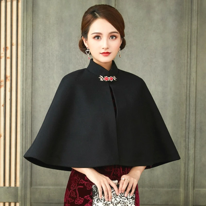 

Women's Cheongsam Cape Cloak Chinese Traditional Elegant Retro Ethnic Style Winter Keep Warm Qipao Cloak Cloak Woolen Cloth